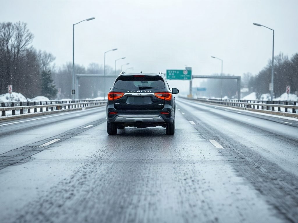 Black luxury SUV travelling along Highway 427 in Toronto during light winter snow conditions.