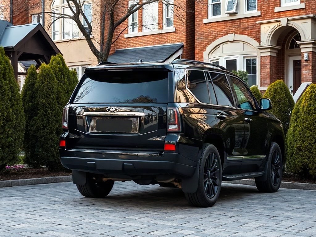 Black luxury SUV parked in a residential driveway in Yorkville Toronto ready for departure.