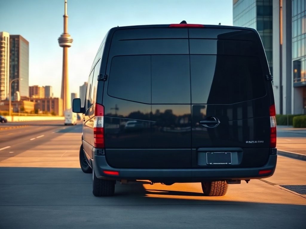 Airport shuttle service in Toronto Black Mercedes Sprinter van with luggage near a single CN Tower in Toronto.