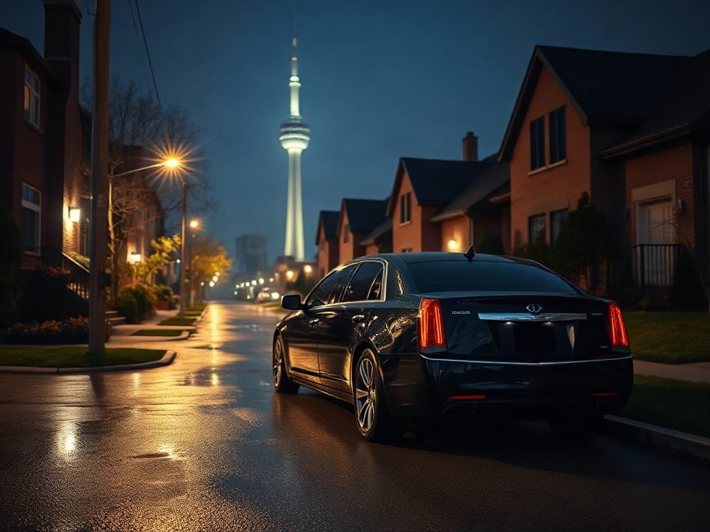 Birthday limo service in Toronto A black stretch limousine parked on a quiet residential street in Toronto at night.
