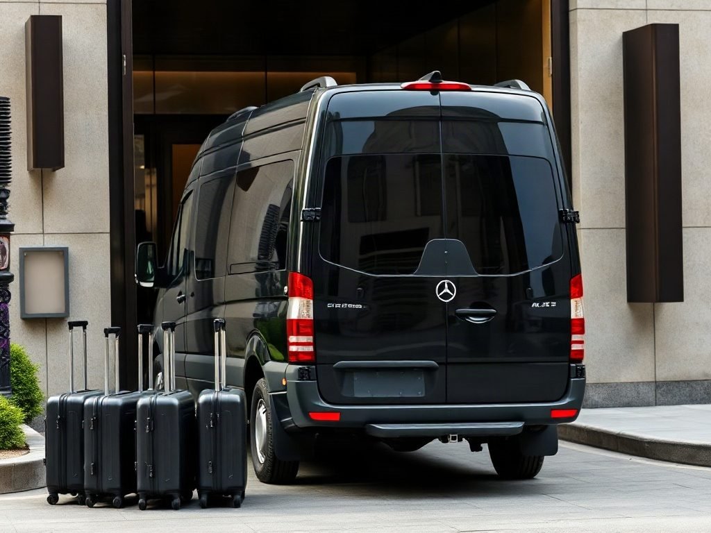 Airport shuttle service in Toronto Black Mercedes Sprinter van loading luggage at a luxury hotel entrance in Toronto.